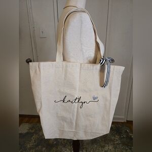 Kaitlyn Cream Canvas Tote with Black Striped Bow
